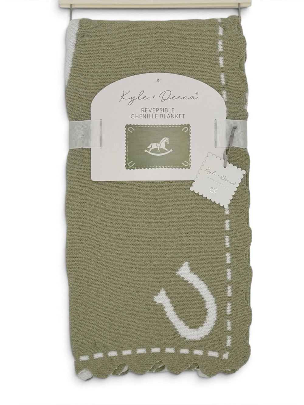 Kyle+Deena Sage Green Reversible Chenille Baby Blanket Horseshoe Scallop Edge NW